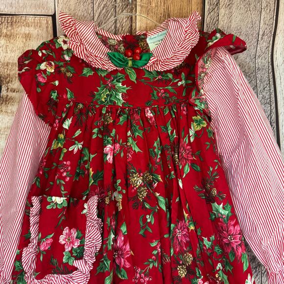 Rare Editions Dress Vintage Girls Christmas Red Floral Striped Cotton Made USA 6 - Picture 3 of 7